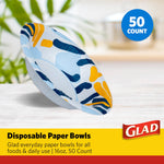 Single Glad disposable paper bowl angled on a surface with a 50 count badge and Glad logo banner