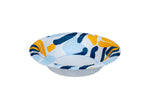 Single Glad paper bowl photographed on white background showing interior scribble abstract blue and yellow design