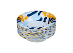 Stack of Glad paper bowls showing blue and yellow scribble abstract pattern on the rim and inner surface