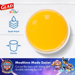 Top-down view of a filled paper cup showing yellow liquid and soak-proof and sturdy icons at left