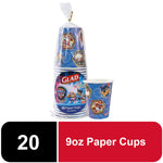 Stacked Glad for Kids Paw Patrol themed 9 oz paper cups in clear bag with one cup beside it