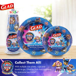 Glad for Kids product group showing Paw Patrol patterned cups, plates, and bowls arranged on a table