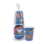 Close-up of Glad for Kids Paw Patrol 9 oz paper cups in plastic bag with one cup displayed