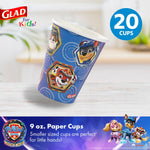 Single Glad Paw Patrol 9 oz paper cup on a light wood surface with 20 cups badge graphic