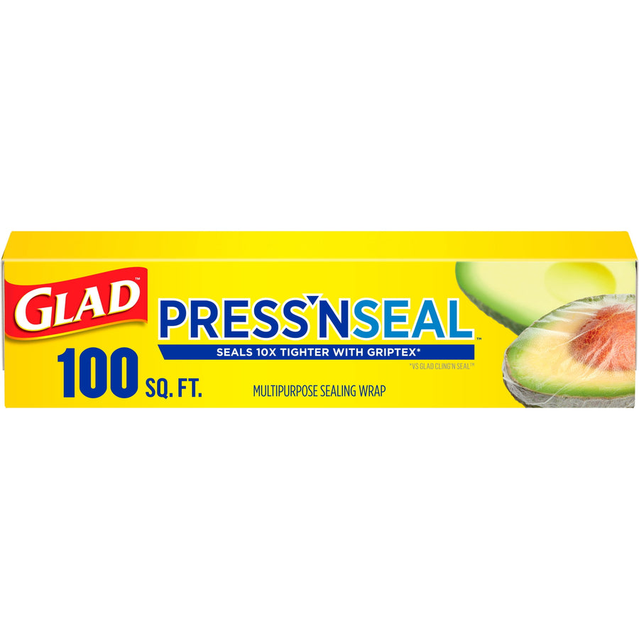 Yellow Glad Press'n Seal box showing 100 sq. ft. label and avocado graphic on white background