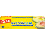 Front-facing Glad Press'n Seal 100 sq. ft. product box with avocado graphic on bright yellow packaging