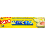 Long yellow Glad Press'n Seal box clearly labeled Press'n Seal with 50 sq. ft. and avocado graphics on white background.