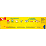 Back panel of a Glad box displaying usage icons, cautions, and small Glad logo on a yellow band.