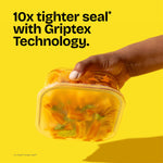 Hand holding a sealed clear food container against a yellow background with text promoting Griptex technology.