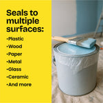 Infographic showing Press'n Seal can seal to multiple surfaces with a paint can and brush wrapped in clear wrap.