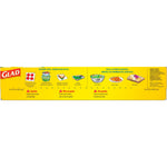 Yellow product panel showing Glad logo, usage icons, and examples of surfaces and items Press'n Seal can seal.