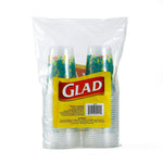 Back view of Glad printed plastic cup package showing yellow Glad label and barcode over stacked cups
