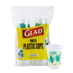 Clear Glad printed plastic cup pack with teal palm-leaf design visible through yellow branded label