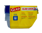 Glad product box showing branding, Glad Lock badge and stacked clear containers with blue lids