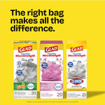 Yellow marketing panel showing three Glad product boxes side by side with headline "The right bag makes all the difference."
