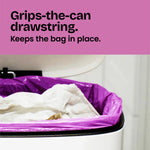 Close-up of a purple Glad drawstring bag secured over a trash can rim with copy: Grips-the-can drawstring.