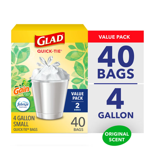 glad quick-tie 4-gallon small trash bags, gain original scent, value pack showing 2 boxes and 40 bags