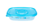Rectangular Glad plastic container with a translucent blue lid and small printed design along the clear base, shown on white background.