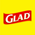 Glad brand logo on a bright yellow background, red ribbon-style wordmark centered on the panel