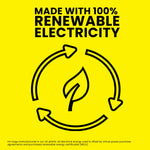 Yellow infographic panel stating 'Made with 100% renewable electricity' with recycling leaf icon