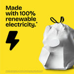 White tied trash bag full of household items shown beside text 'Made with 100% renewable electricity.' on yellow background