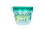 Stack of three small round clear Glad containers with green lids and geometric green printed patterns on the sides, on white background.