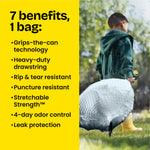 Split graphic listing '7 benefits, 1 bag' alongside an outdoor photo of a child carrying a Glad ForceFlex trash bag