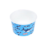 Opened Glad shark-pattern paper snack bowl showing white interior and blue shark exterior print