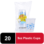 Stacked Glad branded clear plastic kids cups with blue shark pattern shown inside clear retail bag with label