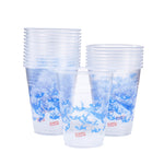Multiple stacked Glad clear plastic cups with blue shark design grouped in three stacks on white background