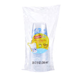 Clear retail bag of Glad branded kids cups showing stacked cups and product label reading 20 CT 9 OZ (266 ml)