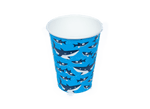 Single blue paper cup with repeating shark illustration design on white interior, isolated on white
