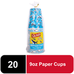 Stack of Glad for Kids blue paper cups with shark pattern in clear plastic bag and yellow Glad label