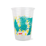 Single clear Glad plastic cup with teal palm-leaf design and yellow accents photographed on white background