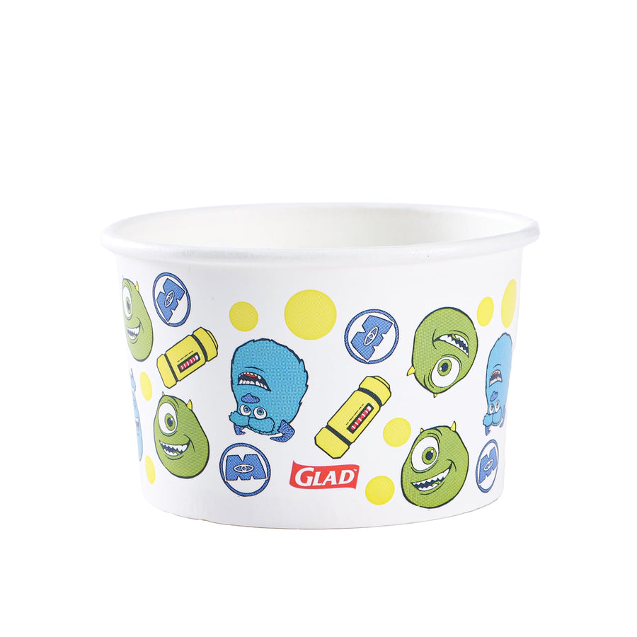 Single Glad paper snack bowl featuring Monsters, Inc. character faces, icons, and yellow dots.