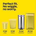 Yellow infographic illustrating perfect fit for 4, 8, 13 and 20 gallon cans with a purple-lined 13-gallon trash can image.