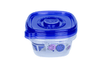 Single square Glad plastic container with a blue lid and decorative pattern on the clear base photographed on white background.