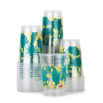 Stacks of clear Glad plastic cups printed with teal palm leaves and yellow accent dots arranged on white background