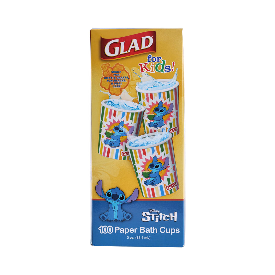 Yellow Glad For Kids retail box showing Disney Stitch and illustrated striped paper bath cups on the front.