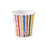Disposable paper cup showing multicolored vertical stripes and a small Glad logo on a white rimmed cup.