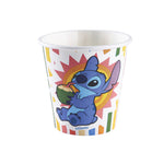 Single disposable paper cup with a colorful striped background and blue Stitch character sipping from a coconut.