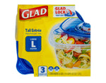 Close-up of Glad Tall Entrée yellow retail box showing logo, Glad Lock badge and clear container with salad