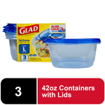 Glad tall entrée clear square food storage container with blue lid and retail box showing salad graphic