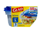 Glad retail packaging for Tall Entrée large square containers with visible Glad logo and salad image