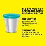 Graphic on yellow background showing a small silver trash can lined with a teal Glad drawstring bag and product dimensions