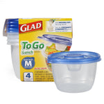 Glad To Go clear round lunch container with blue lid and retail packaging displaying salad