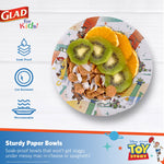 Glad for Kids Toy Story paper bowl with cereal and sliced fruit plus infographic icons for features