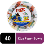 Round Glad Kids Toy Story themed paper bowl pack label showing Woody and Toy Story logo