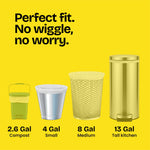 Yellow infographic showing different trash can sizes with labeled fits including 4 gal small and 13 gal tall kitchen