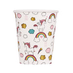 Close-up front view of a Glad Kids paper cup printed with unicorns, rainbows and clouds